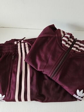 adidas Maroon Tracksuit with Light Pink Stripes - Jacket And Firebird pant